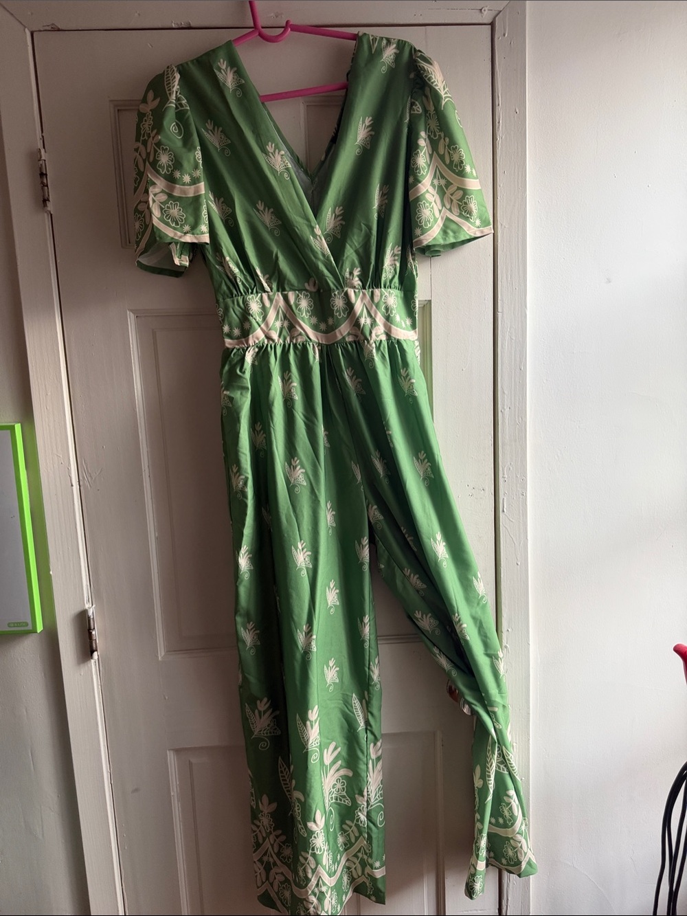 Green Botanical Wrap Jumpsuit with Cream Print
